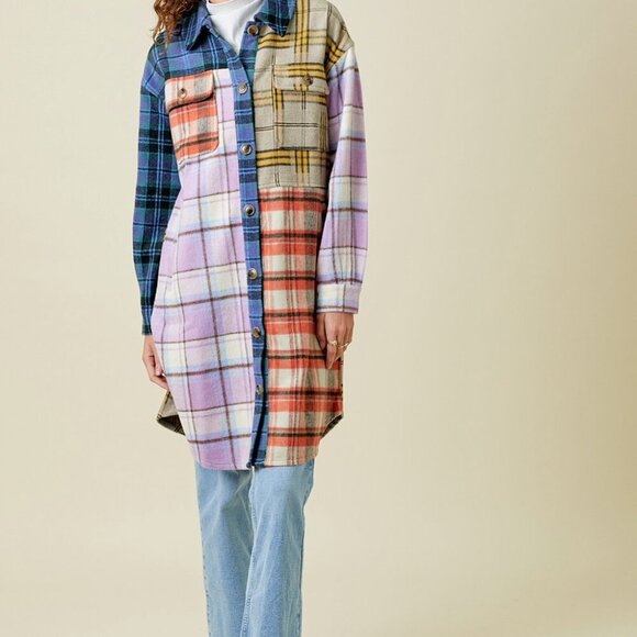 MYSTREE MIXED PLAID COLOR BLOCK LONG JACKET - Picture 2 of 7